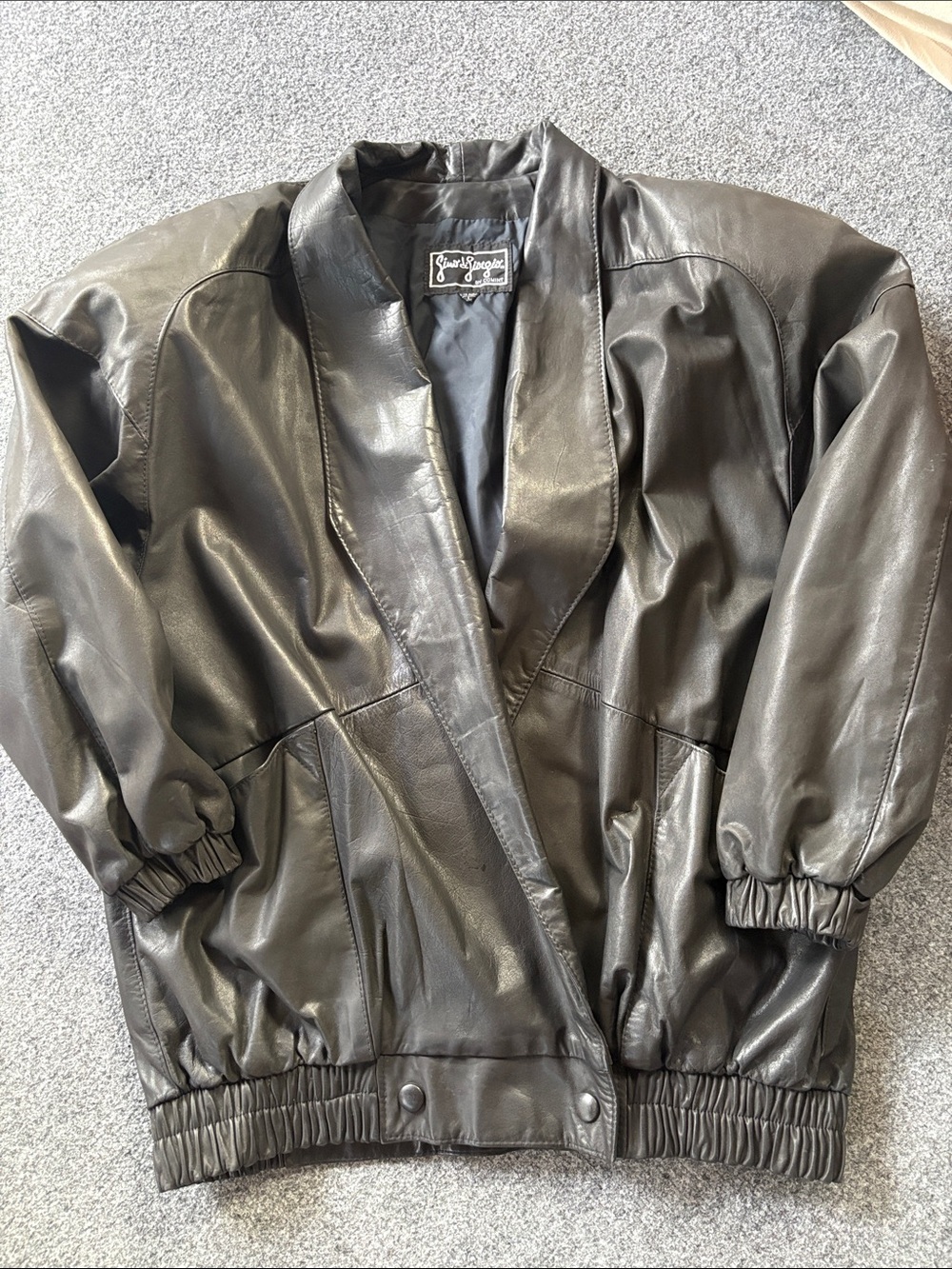 Gino di Giorgio 1980s Vintage Black Leather Bomber Jacket - Black - Size Large
